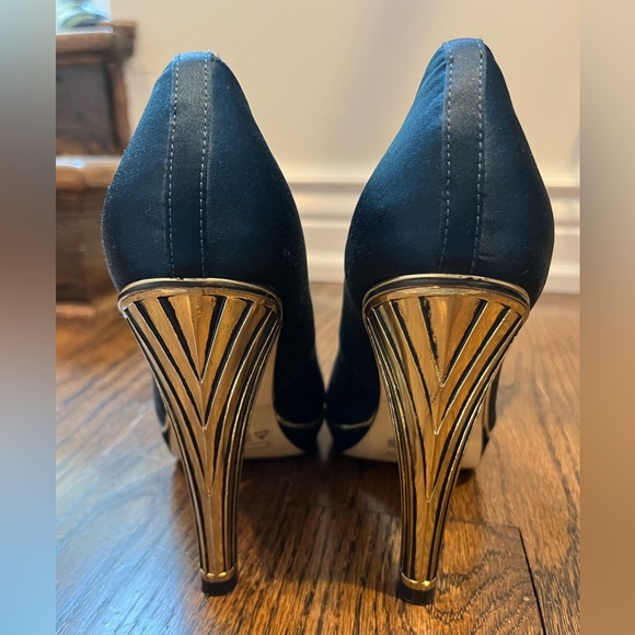 Reiss Blue Satin Pumps with Gold Deco Heel - Picture 5 of 6
